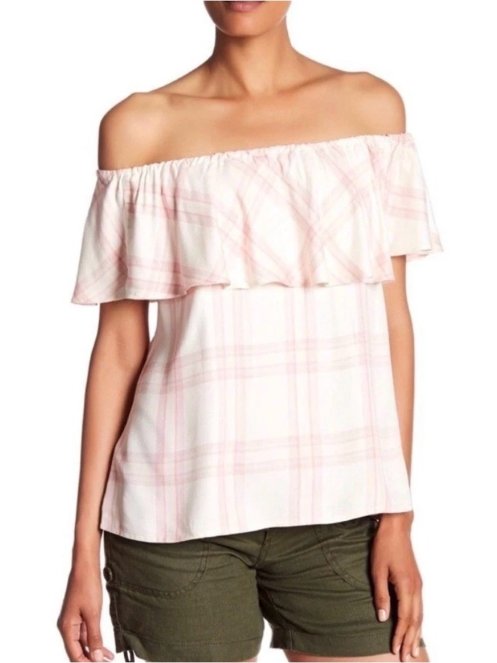 Sanctuary Pink Plaid Off-Shoulder Ruffle Camisole very soft